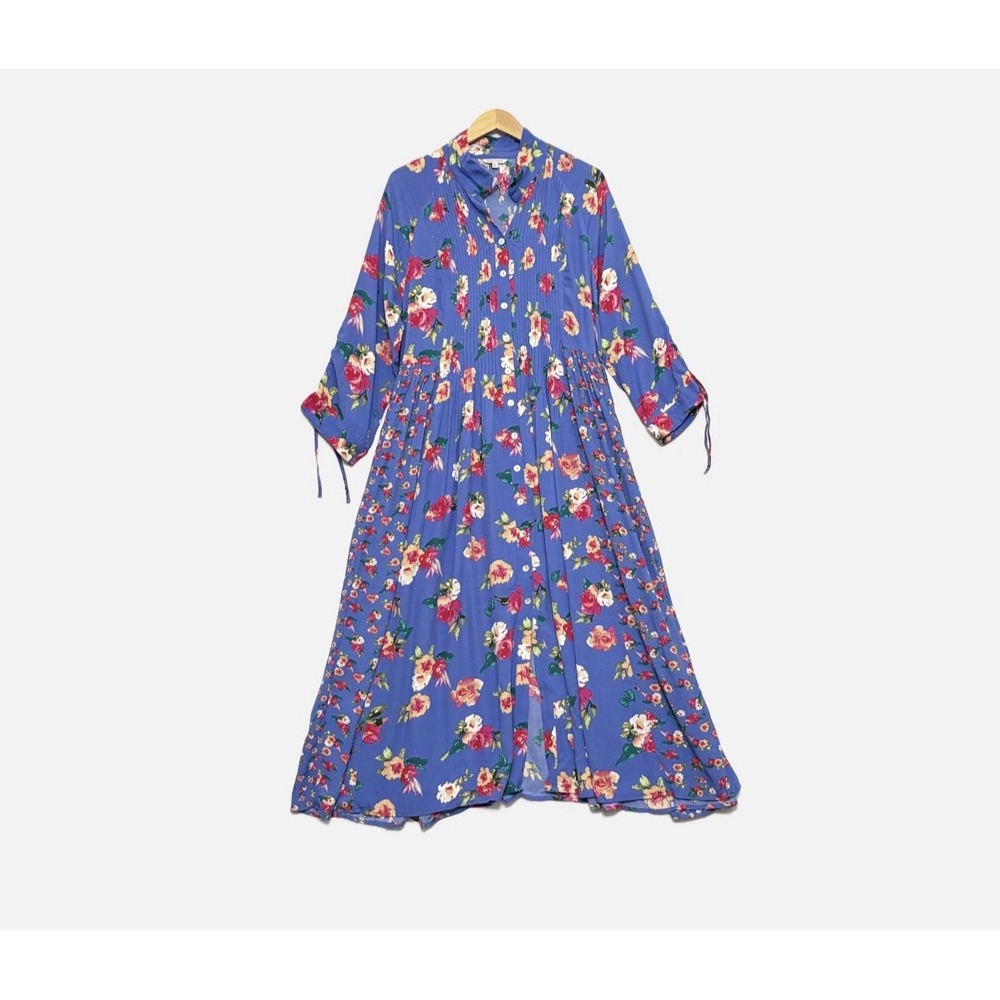 John Mark Maxi Dress Womens L Pleated Floral Button Front Boho Cottage Prairie